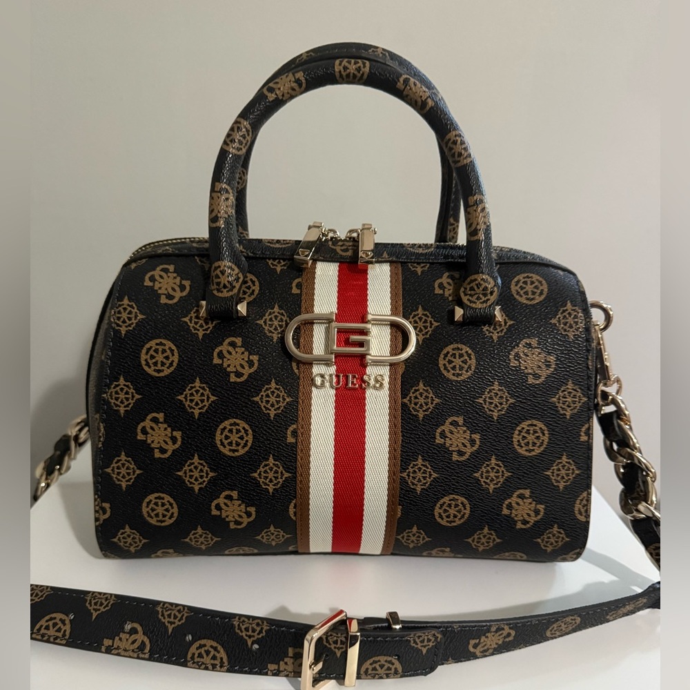 GUESS monogram Black & Tan Logo Satchel with Red and White Center Stripe